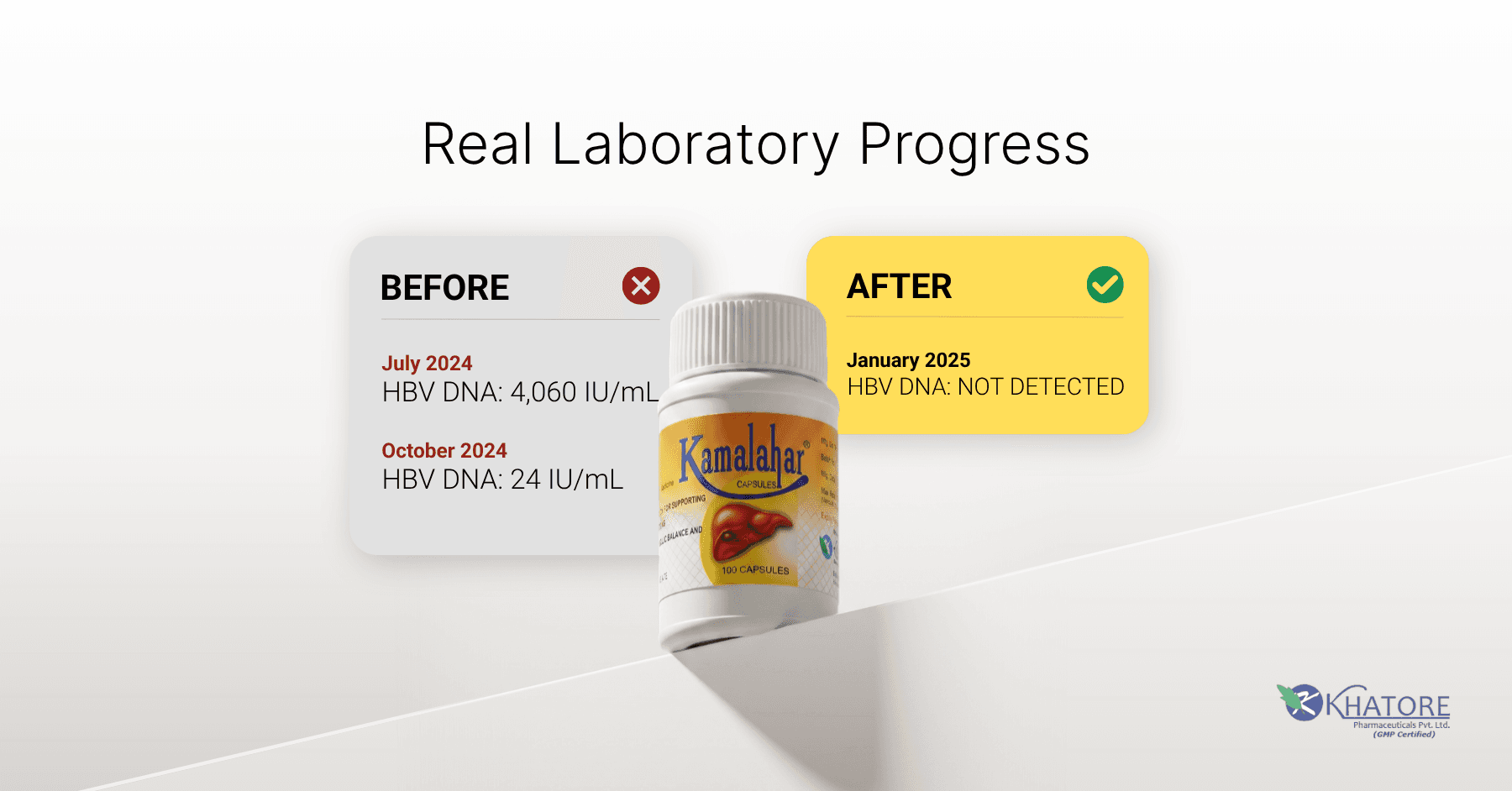 Real laboratory progress on Kamalahar: HBV DNA 4,060 IU/mL (July 2024) to 24 IU/mL (October 2024) to not detected (January 2025)